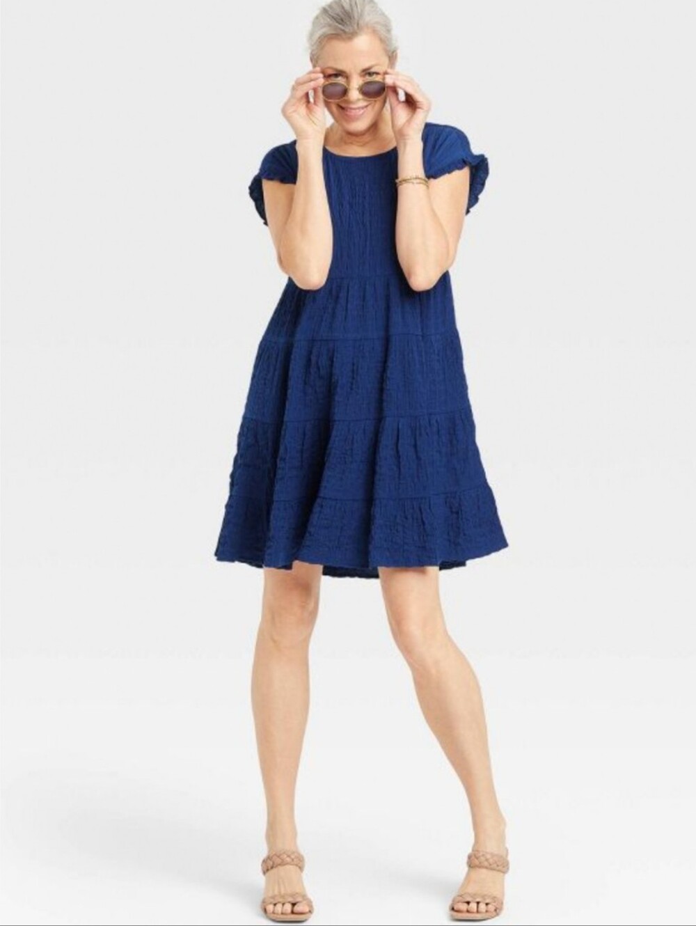 NWT Knox Rose Seersucker Navy Ruffle Sleeves Tiered Dress